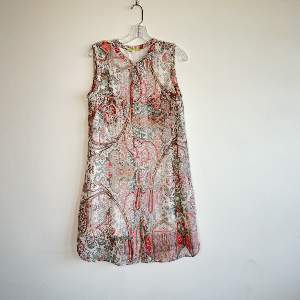Gianni Bini Coral and Olive Paisley Sleeveless Mini Dress Lightweight Retro Boho